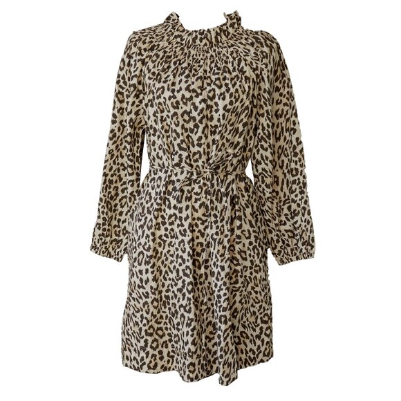 NWT J. Crew Dress Leopard Midi Ruffle Neck 50s Classic Tea Length Balloon Sleeve - Picture 2 of 11
